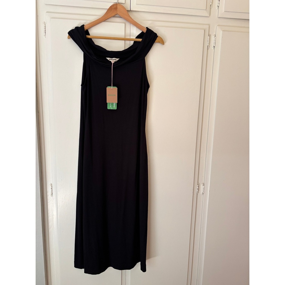 Boden Black Off Shoulder Midi Dress Sleeveless Side Slit D0726 US 10 NEW